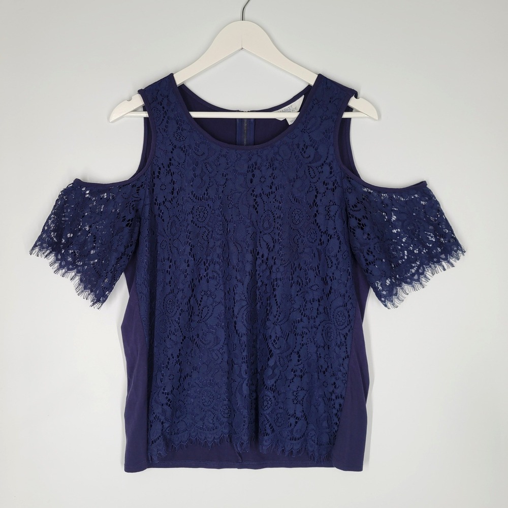 Market & Spruce‎ Cold Shoulder Top Womens Medium Navy Blue Lace WW10079
